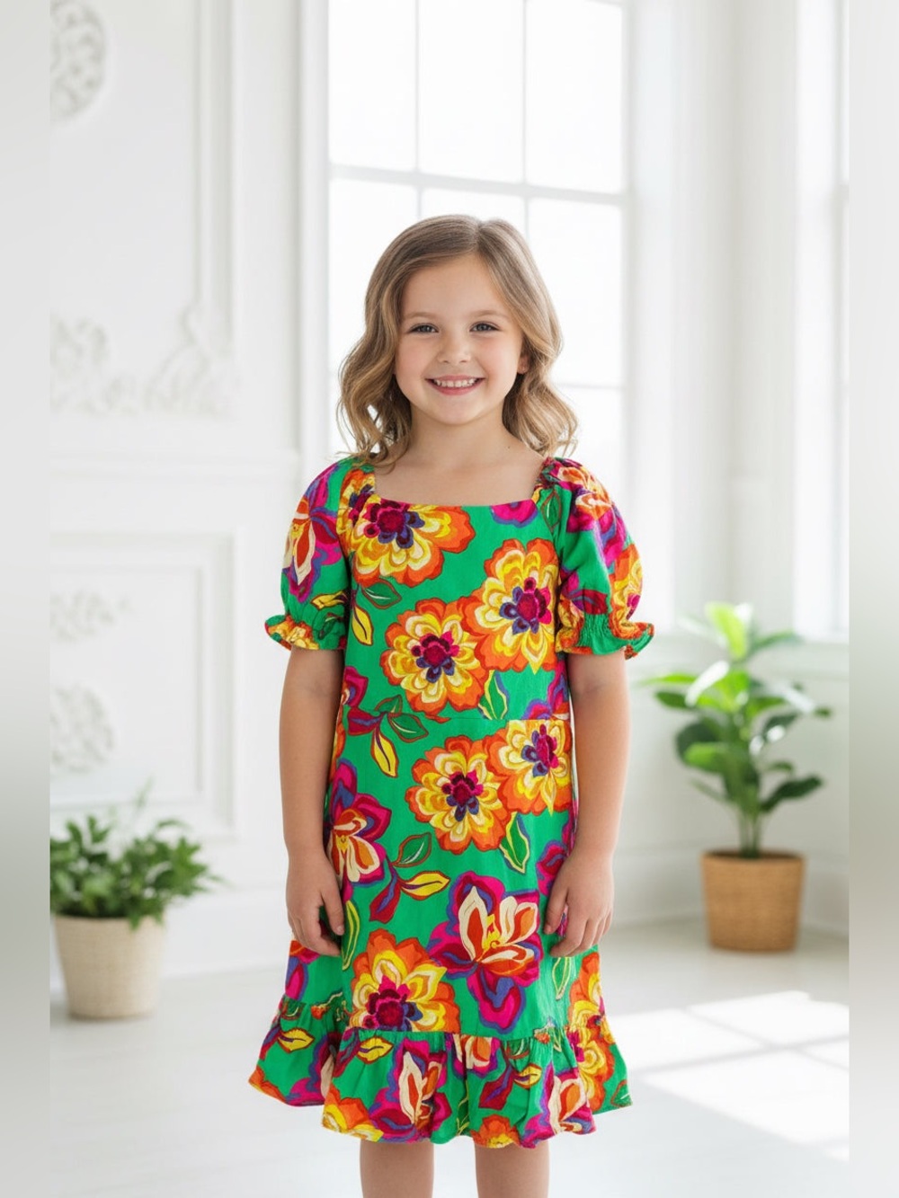 GB girls Green Floral Puff-Sleeve Casual Dress with Yellow & Pink Flowers